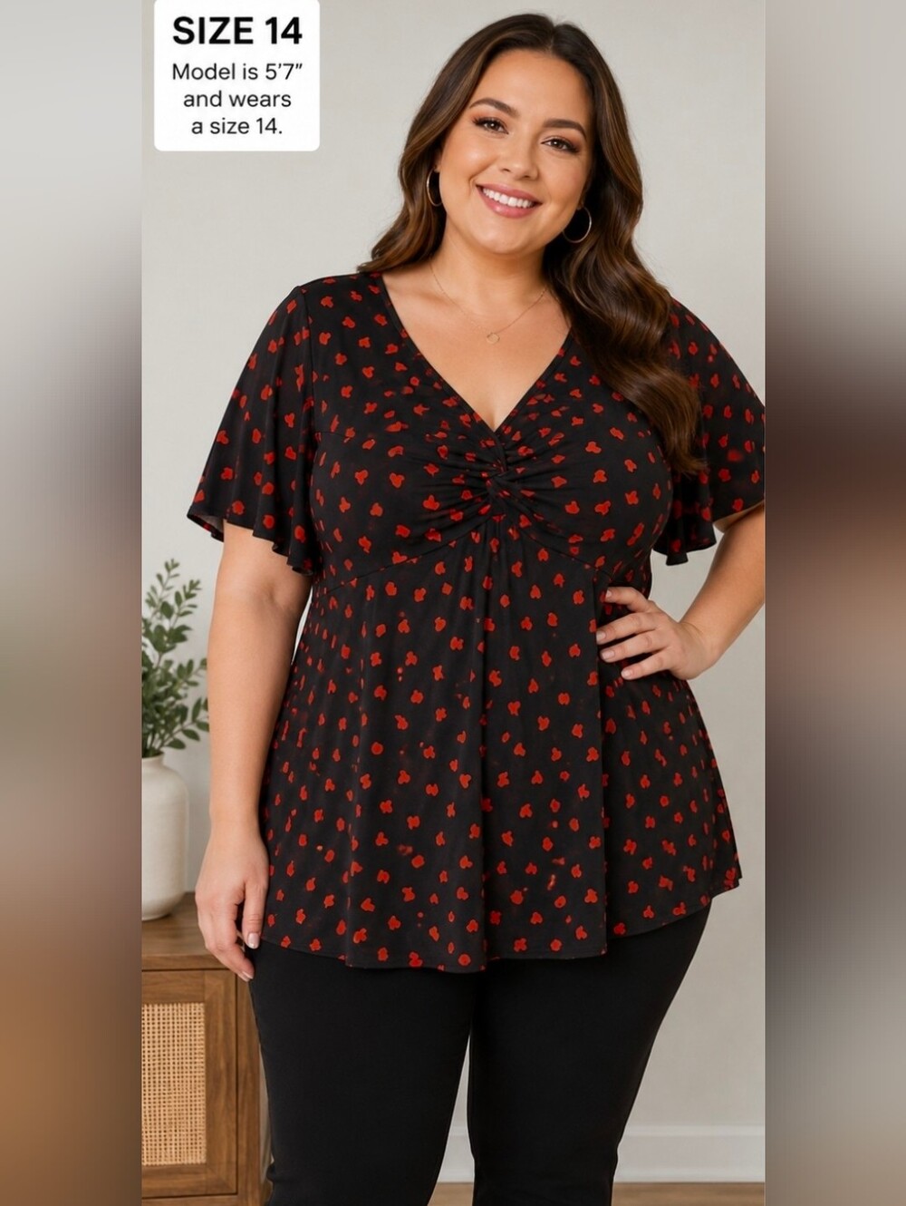 Black V-Neck Flutter Sleeve Top with Red Floral Dots